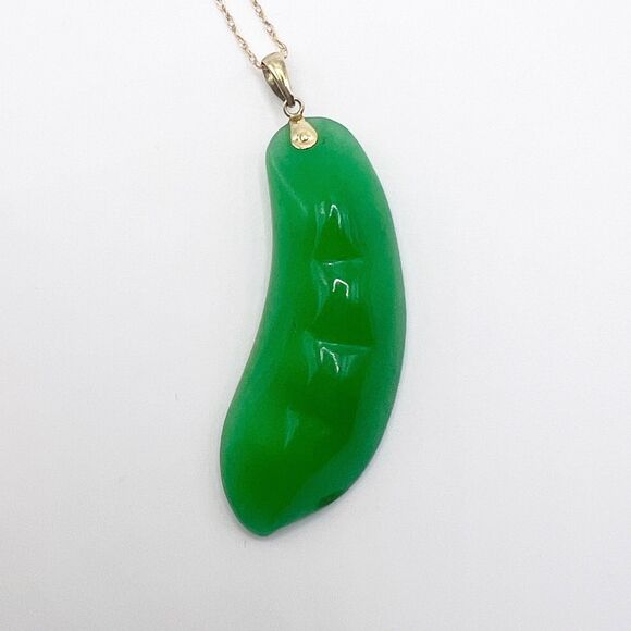 14k Gold Green Jade Pearl Pea Pod Pendant Necklace Carved 18" 9.3 Grams - Picture 5 of 10